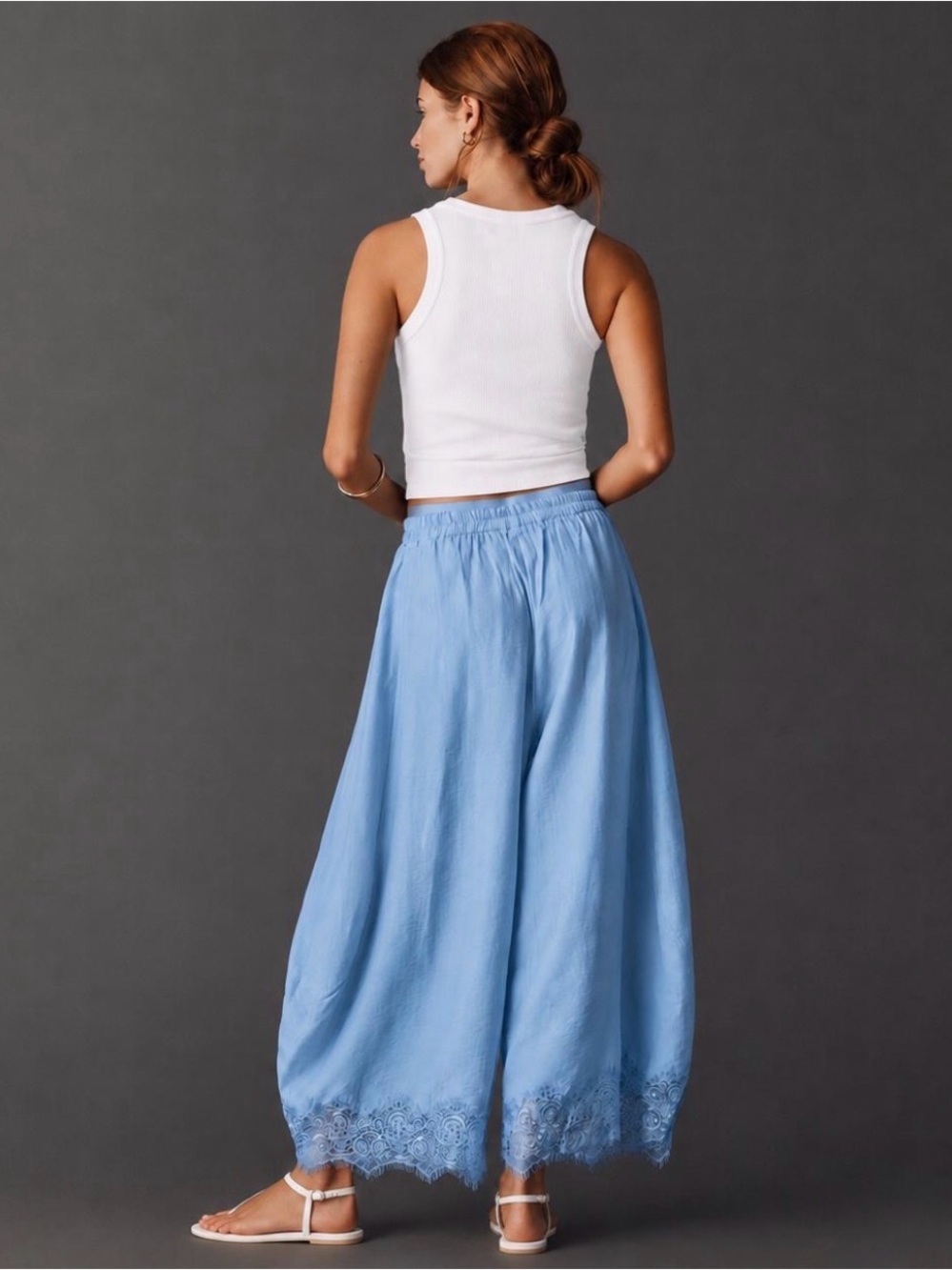 Anthropologie Sky Blue Wide-Leg Drawstring Pants with Lace Hem - Picture 2 of 7